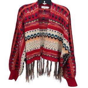 Knit Mix Pattern Fringe Hem Colorful Loose Knit Open Cardigan S Lightweight